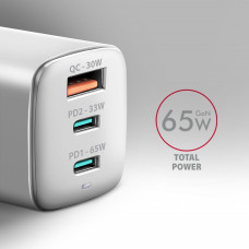 Зарядний пристрій GaN з 3 портами (USB-A + 2 USB-C), PD3.0 / PPS / QC4+ / SFC2.0 / AFC / SCP / FCP / Apple. Загальна потужність 65 Вт AXAGON