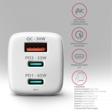 Зарядний пристрій GaN з 3 портами (USB-A + 2 USB-C), PD3.0 / PPS / QC4+ / SFC2.0 / AFC / SCP / FCP / Apple. Загальна потужність 65 Вт AXAGON