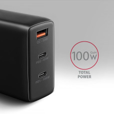 Мережевий зарядний пристрій GaN з 3 портами (USB-A + 2 USB-C), PD3.0 / PPS / QC4+ / SFC2.0 / AFC / SCP / FCP / Apple. Загальна потужність 100 Вт AXAGON