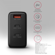 Мережевий зарядний пристрій GaN з 3 портами (USB-A + 2 USB-C), PD3.0 / PPS / QC4+ / SFC2.0 / AFC / SCP / FCP / Apple. Загальна потужність 100 Вт AXAGON