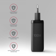 Мережевий зарядний пристрій GaN з 3 портами (USB-A + 2 USB-C), PD3.0 / PPS / QC4+ / SFC2.0 / AFC / SCP / FCP / Apple. Загальна потужність 100 Вт AXAGON