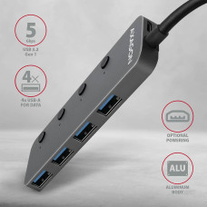 Хаб AXAGON HUE-MSA SuperSpeed USB-A SWITCH hub w. CHARGING function, 20cm USB-A cable, Silver