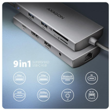 Хаб концентратор AXAGON HMC-8HLSA USB-C 5Gbps 9in1 hub, Grey