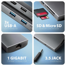 Хаб концентратор AXAGON HMC-8HLSA USB-C 5Gbps 9in1 hub, Grey