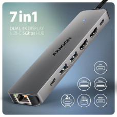 Хаб концентратор AXAGON HMC-7HX2 USB-C 5Gbps DUAL 4K DISPLAY 7in1 hub, Grey