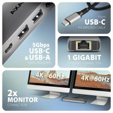 Хаб концентратор AXAGON HMC-7HX2 USB-C 5Gbps DUAL 4K DISPLAY 7in1 hub, Grey