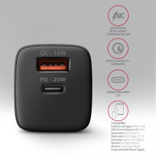 Мережевий зарядний пристрій AXAGON ACU-PQ20, QC3.0/AFC/FCP + PD type-C, 20W, black