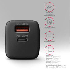 Мережевий зарядний пристрій AXAGON ACU-PQ30, QC3.0,4.0/AFC/FCP/PPS/Apple + PD type-C, 30W, black