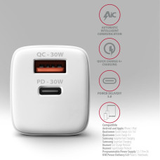Мережевий зарядний пристрій AXAGON ACU-PQ30W, QC3.0,4.0/AFC/FCP/PPS/Apple + PD type-C, 30W, white
