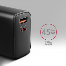 Мережевий зарядний пристрій AXAGON ACU-PQ45, QC3.0,4.0/AFC/FCP/PPS/Apple + PD type-C, 45W, black