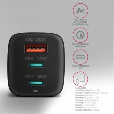 Мережевий зарядний пристрій AXAGON ACU-DPQ65, 3x port (USB + dual USB-C), PD3.0/QC4+/PPS/Apple, 65W, black