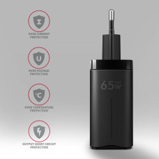Мережевий зарядний пристрій AXAGON ACU-DPQ65, 3x port (USB + dual USB-C), PD3.0/QC4+/PPS/Apple, 65W, black