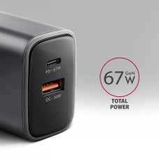 Мережевий зарядний пристрій AXAGON ACU-PQ67, 2x port (USB + USB-C), PD3.0/QC4+/PPS/Apple, 67W, сірий