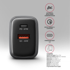 Мережевий зарядний пристрій AXAGON ACU-PQ67, 2x port (USB + USB-C), PD3.0/QC4+/PPS/Apple, 67W, сірий