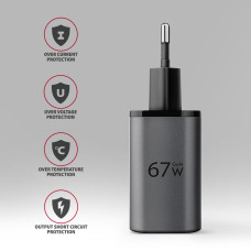 Мережевий зарядний пристрій AXAGON ACU-PQ67, 2x port (USB + USB-C), PD3.0/QC4+/PPS/Apple, 67W, сірий