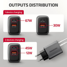 Мережевий зарядний пристрій AXAGON ACU-PQ67, 2x port (USB + USB-C), PD3.0/QC4+/PPS/Apple, 67W, сірий