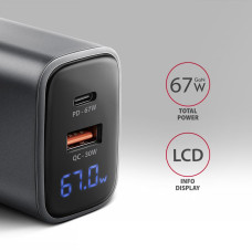 Мережевий зарядний пристрій з дисплеєм AXAGON ACU-PQ67D, 2x port (USB + USB-C), PD3.0/QC4+/PPS/Apple, 67W, сірий