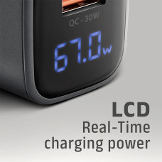 Мережевий зарядний пристрій з дисплеєм AXAGON ACU-PQ67D, 2x port (USB + USB-C), PD3.0/QC4+/PPS/Apple, 67W, сірий