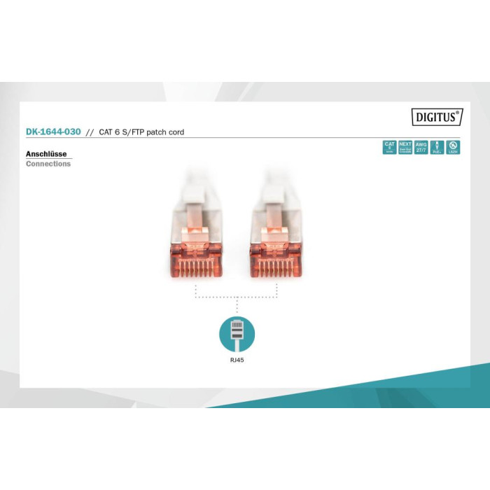Патч-корд CAT 6 S-FTP, Cu, LSZH AWG 27/7, довжина 3 м, колір сірий DK-1644-030 DIGITUS by ASSMANN