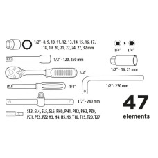 Набір інструментів Top Tools, набір торцевих головок 1/2", 1/4", 47шт