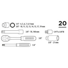 Набір інструментів Top Tools, набір торцевих головок 1/4", 3/8", 20шт
