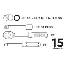 Набір інструментів Top Tools, набір торцевих головок 1/4", 15шт
