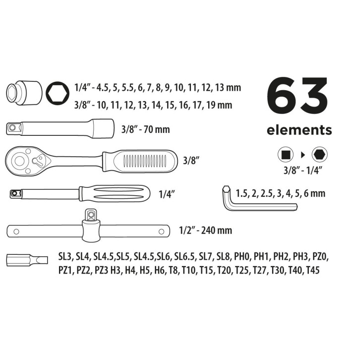 Набір інструментів Top Tools, 3/8", 63шт