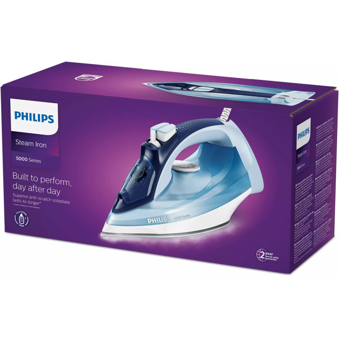 Праска Philips 5000 Series, 2400Вт, 320мл, паровий удар -180гр, постійна пара - 45гр, керам. підошва, голубий
