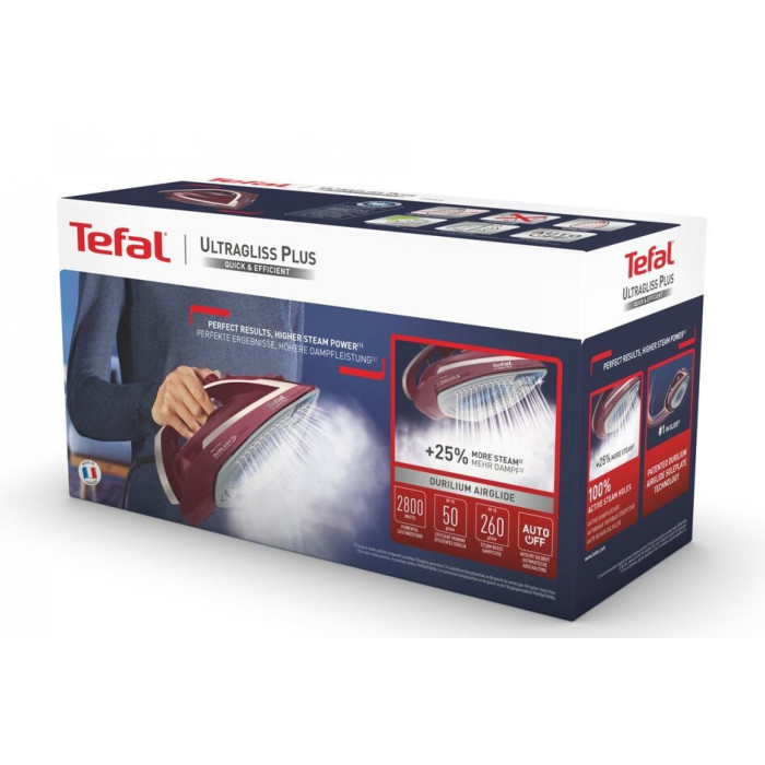 Праска Tefal Ultragliss Plus, 2800Вт, 270мл, паровий удар -260гр, постійна пара - 50гр, керам. підошва, бордовий