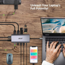 Хаб Acer USB-С > 2xUSB-A3.2/2xUSB-A2.0/SD/TF/2xHDMI/1xDP/1xRJ45/mini-jack, 0.15м, сірий