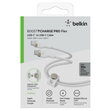 Кабель USB-C > USB-C заряджання/синхронізації Belkin 1м, 60Вт, Type-C, плетений, силіконовий, з ремінцем на магніті, білий