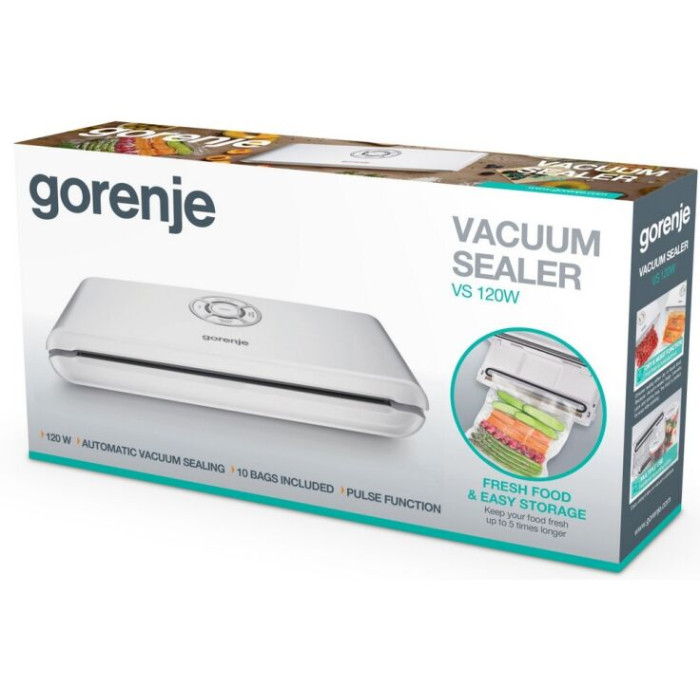 Вакууматор Gorenje для пакетів, 120Вт, 30см, електронне керування, +10 пакетів, пластик, білий