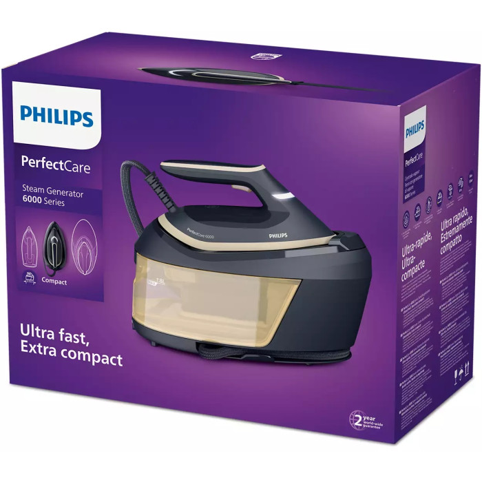 Праска-парогенератор Philips PerfectCare 6000 Series, 2400Вт, 1800мл, паровий удар -600гр, постійна пара - 130гр, нерж. сталь, синьо-золотий