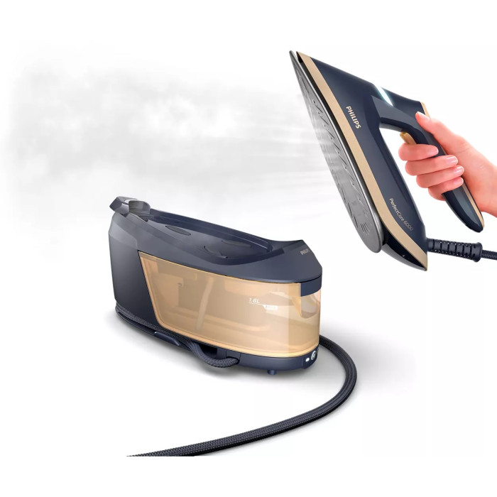 Праска-парогенератор Philips PerfectCare 6000 Series, 2400Вт, 1800мл, паровий удар -600гр, постійна пара - 130гр, нерж. сталь, синьо-золотий