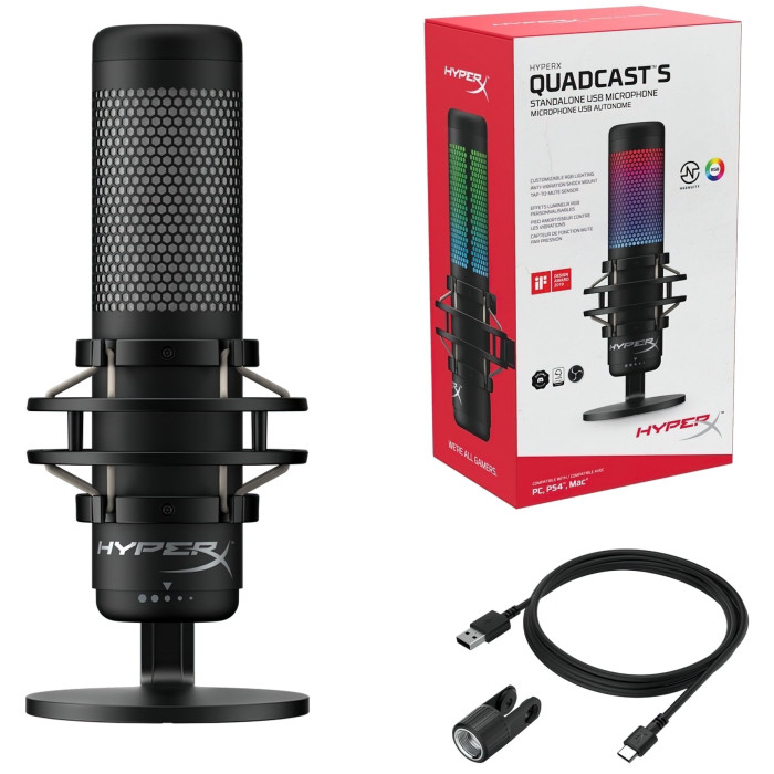 Мікрофон геймінговий HyperX QuadCast S, Omni/Uni/Bi, USB-A, 3м, NGenuity, RGB, чорний