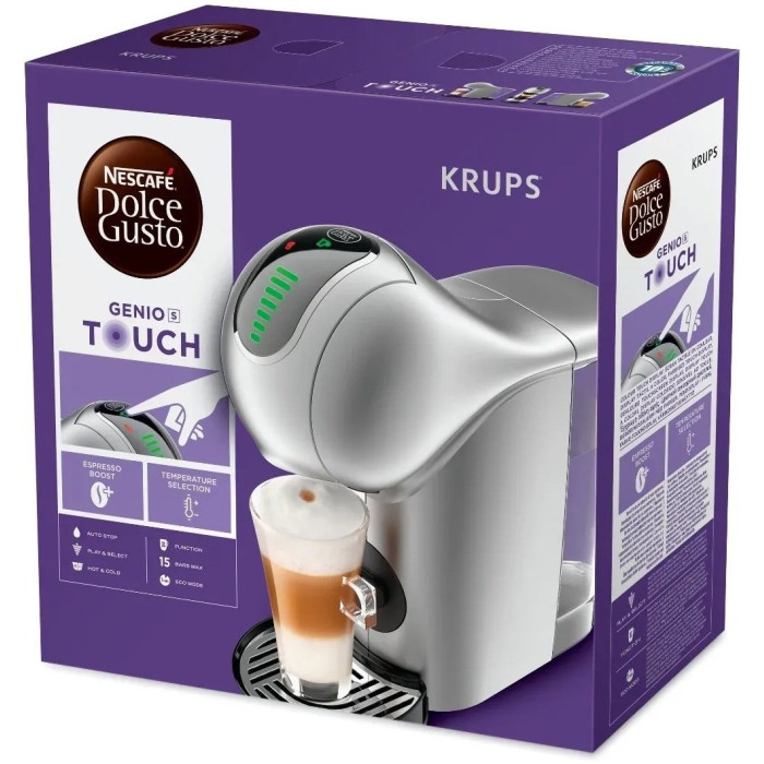 Кавоварка Krups капсульна Dolce Gusto Genio S Touch, 0.8л, капсули, сенcорне керування, сріблястий