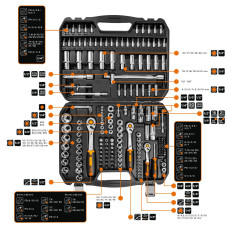 Набір інструментів Neo Tools, набір торцевих головок 1/2", 1/4", 3/8", 182шт, CrV