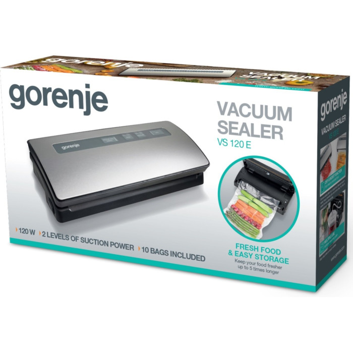 Вакууматор Gorenje для пакетів, 120Вт, 30см, електронне, +10 пакетів, метал, сірий