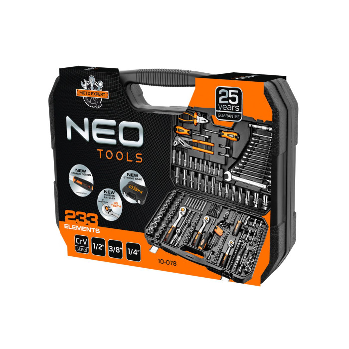 Набір інструментів Neo Tools, 233шт, 1/2", 1/4", 3/8", CrV, кейс