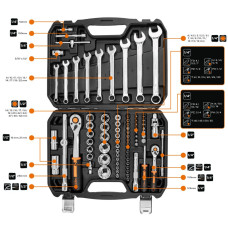 Набір інструментів Neo Tools, 82шт, 1/2", 1/4", CrV, кейс