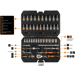 Набір інструментів Neo Tools, набір торцевих головок, 46шт, 1/4", CrV, кейс