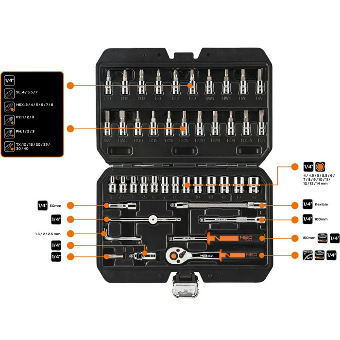 Набір інструментів Neo Tools, набір торцевих головок, 46шт, 1/4", CrV, кейс