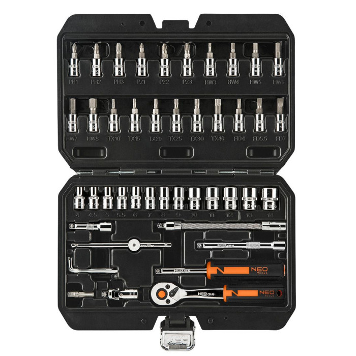 Набір інструментів Neo Tools, набір торцевих головок, 46шт, 1/4", CrV, кейс
