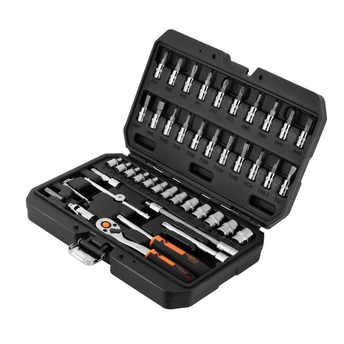 Набір інструментів Neo Tools, набір торцевих головок, 46шт, 1/4", CrV, кейс