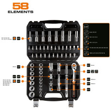 Набір інструментів Neo Tools, набір торцевих головок, 58шт, 1/2", CrV, кейс