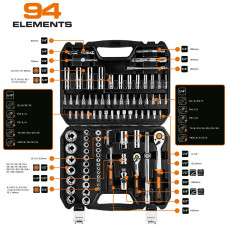 Набір інструментів Neo Tools, набір торцевих головок, 94шт, 1/2", 1/4", CrV, кейс