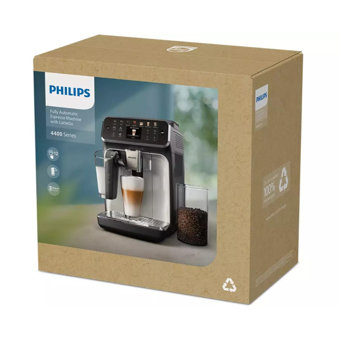 Кавомашина Philips Series 4400 LatteGo, 1.8л, зерно+мелена, автомат.капуч, дисплей, авторецептів -12, чорний