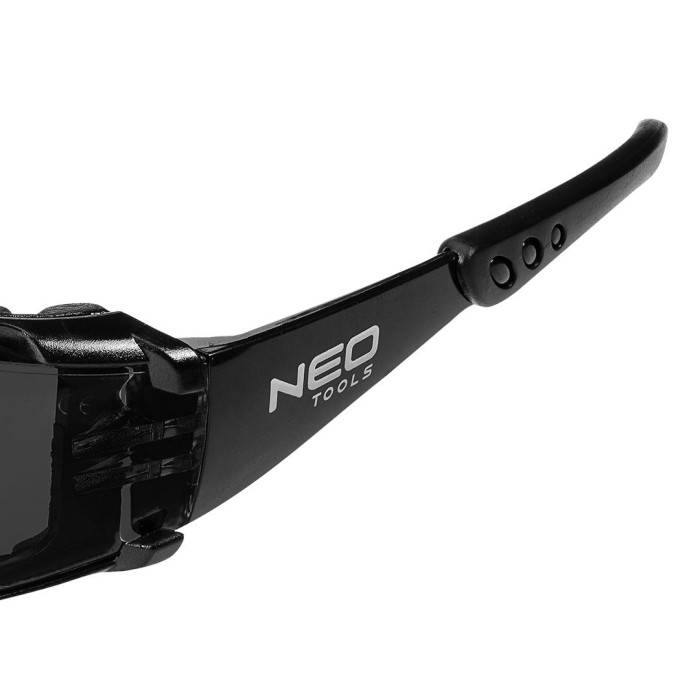 Окуляри захисні Neo Tools протиосколкові, клас захисту FT, резинові дужки, полікарбонат, темно сірий