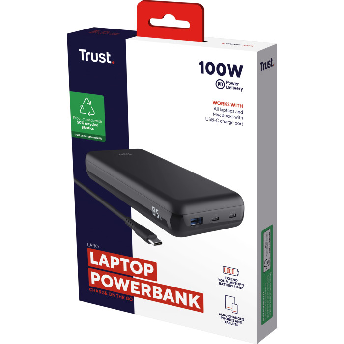 Акумулятор портативний літій-іонний power bank Trust Laro, 20000 мА·год, USB-A/2хUSB-C, 100w, чорний
