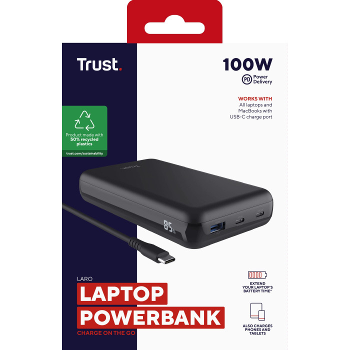 Акумулятор портативний літій-іонний power bank Trust Laro, 20000 мА·год, USB-A/2хUSB-C, 100w, чорний
